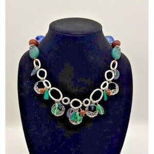 Coldwater Creek Statement Necklace Green Blue Glass Beads Charm Bib Silver Tone